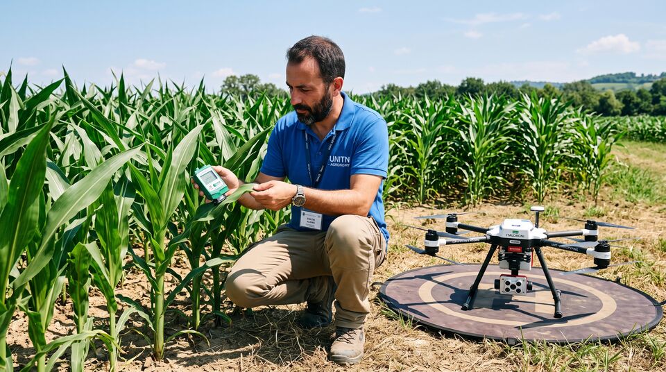 Agronomo misura la clorofilla con SPAD meter al campo di mais mentre un drone multispettrale è in decollo