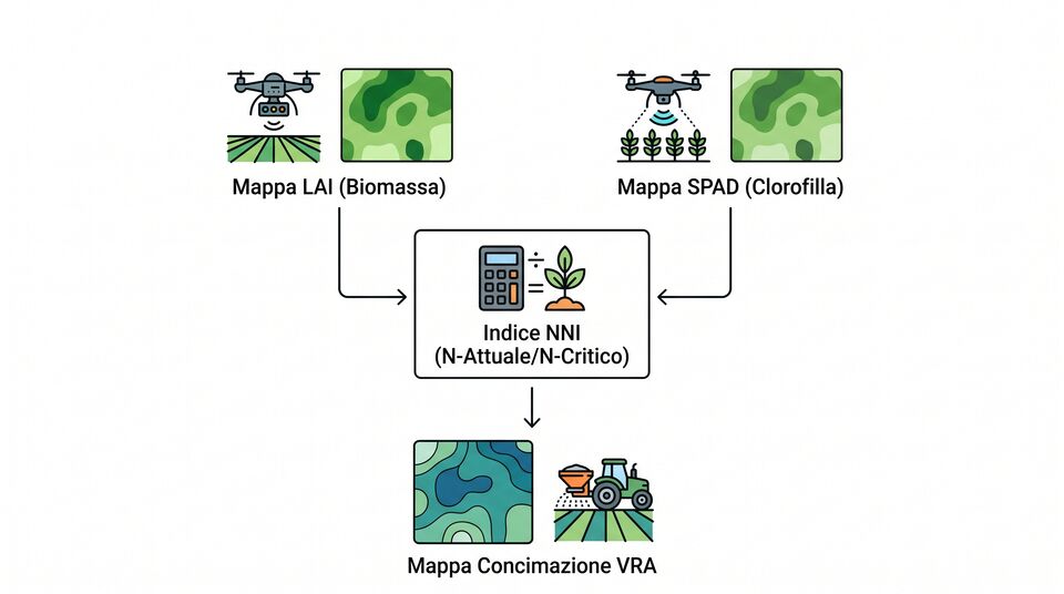 Diagramma flusso: mappa LAI di biomassa e mappa SPAD di clorofilla per l'indice NNI e la concimazione VRA