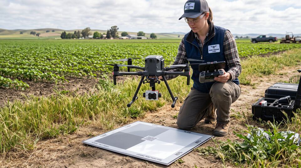 Operatrice prepara drone e target di riflettanza per la calibrazione radiometrica del rilievo multispettrale