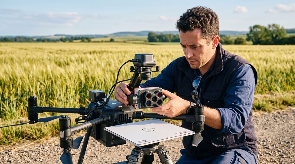 Tecnico monta un sensore multispettrale multicamera sul gimbal di un drone agricolo in campo