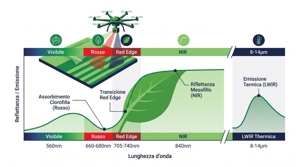 Grafico della firma spettrale della foglia: rosso, red edge, NIR ed emissione termica LWIR