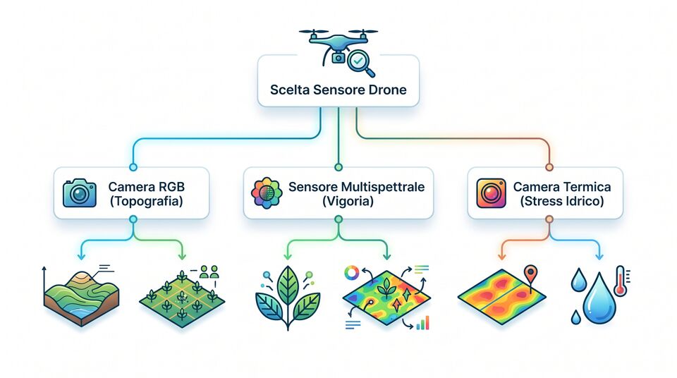 Schema scelta sensore drone: RGB per topografia, multispettrale per vigoria, termica per stress idrico
