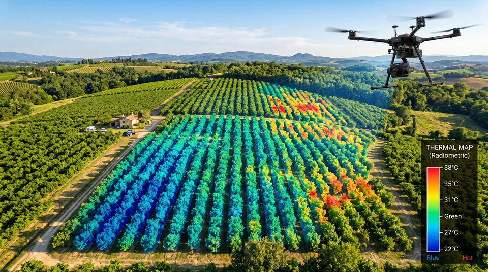 Mappa termografia del noccioleto con drone: temperature chioma da 22 a 38 gradi per lo stress idrico
