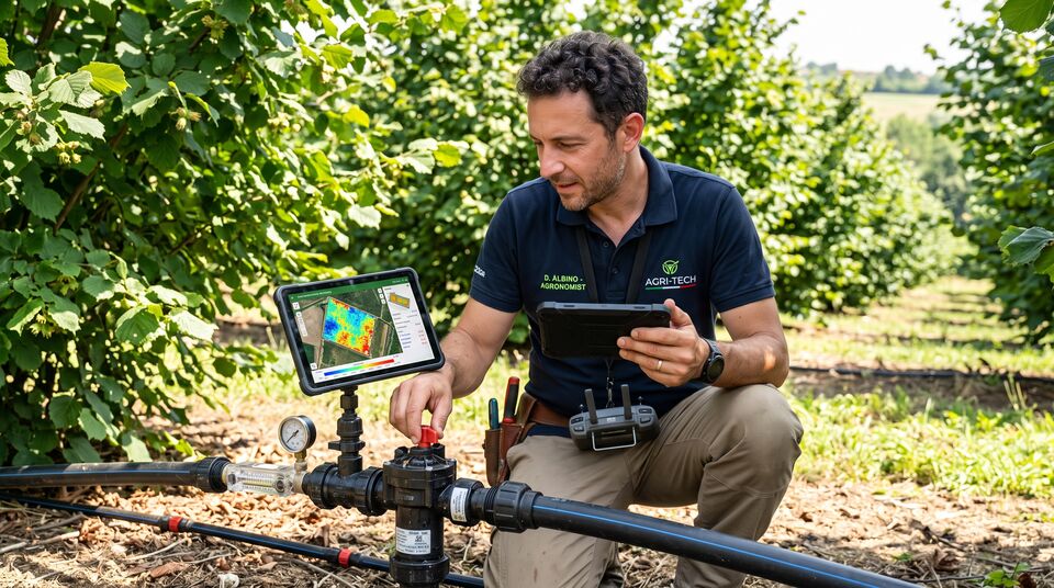 Agronomo regola l'irrigazione a goccia nel noccioleto con tablet e mappa termografica del raccolto