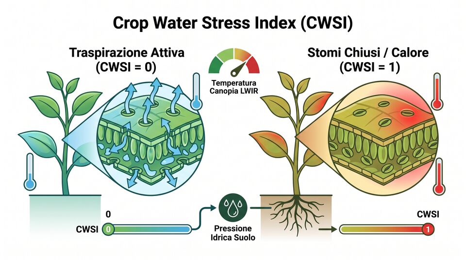 Schema Crop Water Stress Index: traspirazione attiva e stomi chiusi visti dalla termografia LWIR