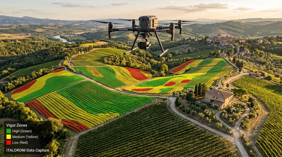 Drone su vigneto con mappa di zonizzazione della vigoria per la vendemmia selettiva biologica