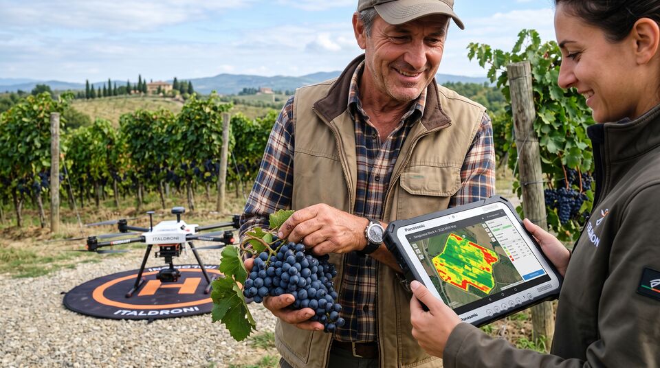 Viticoltore e tecnica confrontano uva e mappa NDVI su tablet nel vigneto biologico