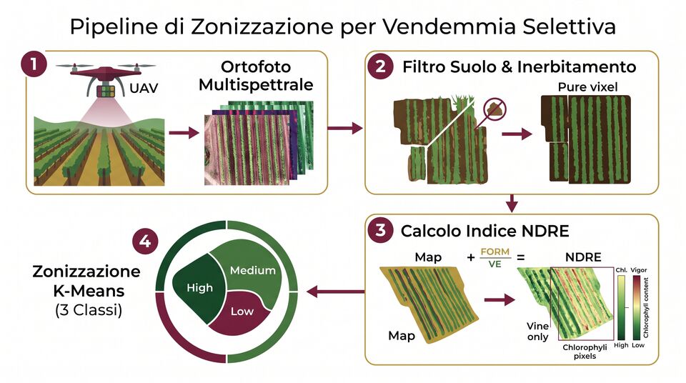 Pipeline di zonizzazione: ortofoto multispettrale, filtro suolo, NDRE e clustering K-means