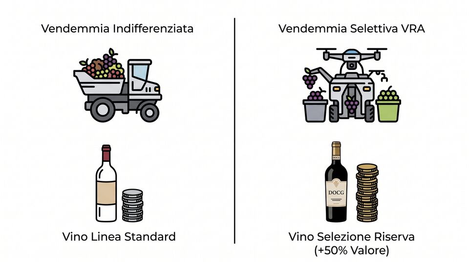 Confronto vendemmia indifferenziata e selettiva VRA: vino selezione riserva con più 50% di valore