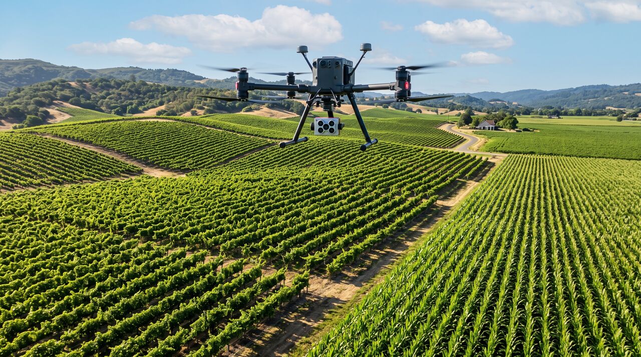 Drone agricolo con camera multispettrale in volo su un vigneto per il calcolo degli indici di vegetazione NDVI e NDRE