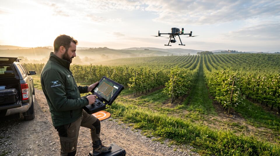 Pilota UAV pianifica la missione multispettrale con tablet sul frutteto all'alba