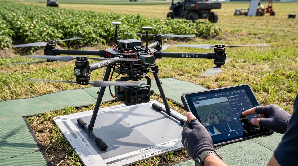 Drone esavalvole con sensore multispettrale su target di calibrazione radiometrica e app di volo