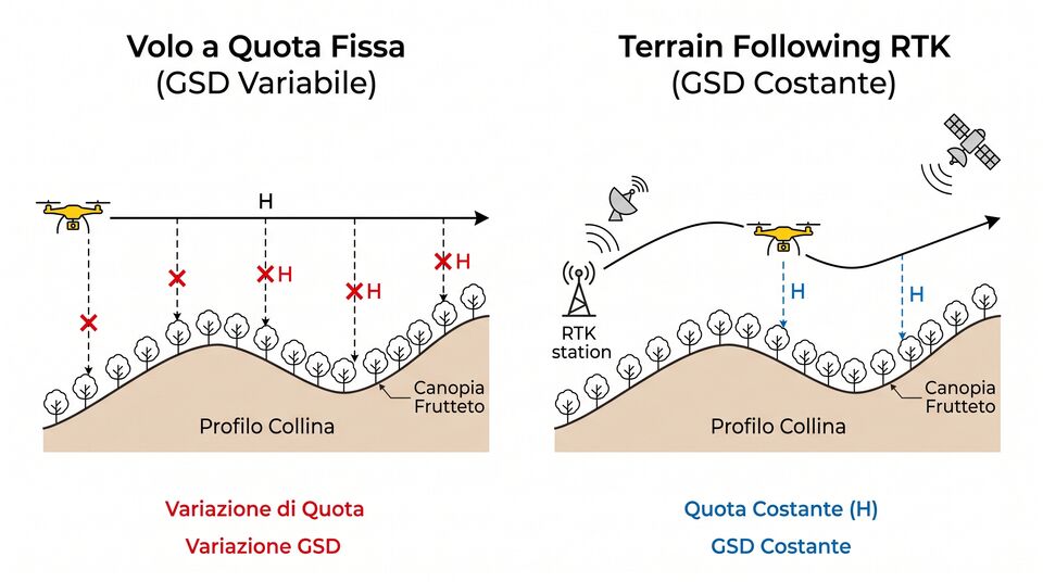Confronto volo a quota fissa con GSD variabile e terrain following RTK con GSD costante sulla chioma