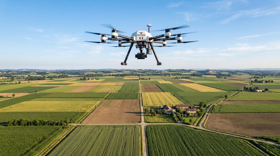 Drone esamotore in volo di rilevamento aerofotogrammetrico sulla pianura coltivata