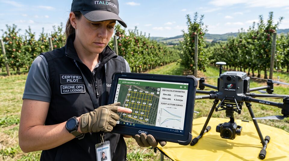 Pilota con tablet mostra la matrice di calcolo del GSD: da 2,1 a 4,2 cm/px in funzione della quota