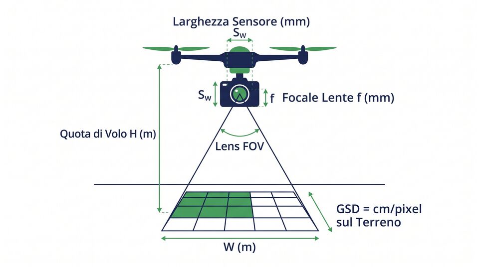 Schema del calcolo del GSD: larghezza sensore, focale, quota di volo e copertura a terra in cm/pixel