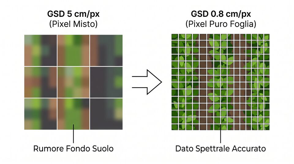 Confronto pixel a 5 e 0,8 cm/px: dal rumore di fondo suolo al dato spettrale accurato della foglia