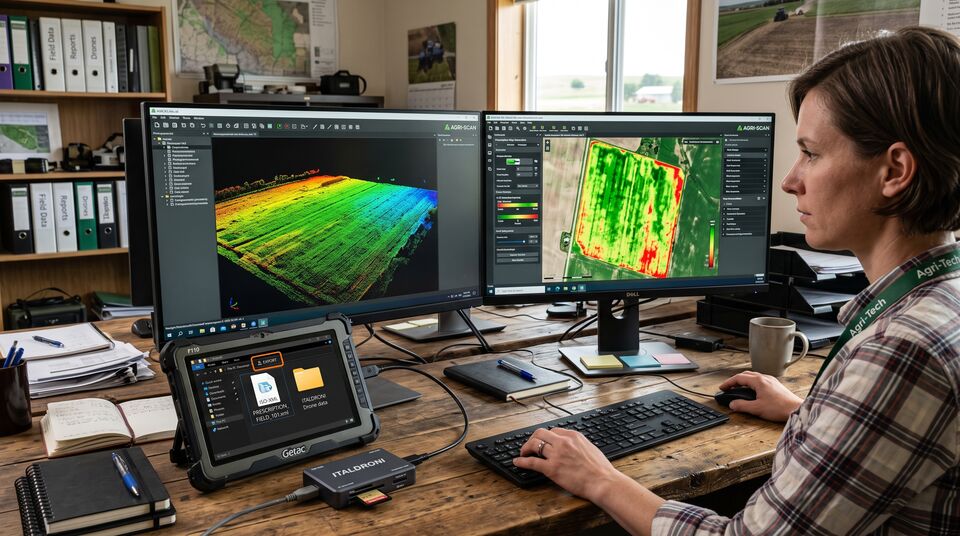 Tecnica alla postazione importa i file RAW del drone e genera il prodotto fotogrammetrico su doppio monitor