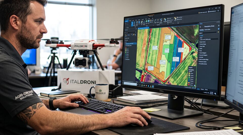 Operatore gestisce le zone di gestione in GIS su mappa NDVI con drone in ufficio