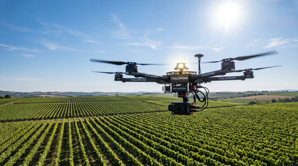 Drone multispettrale con sensore DLS in volo sul vigneto a cielo sereno per rilievi radiometrici