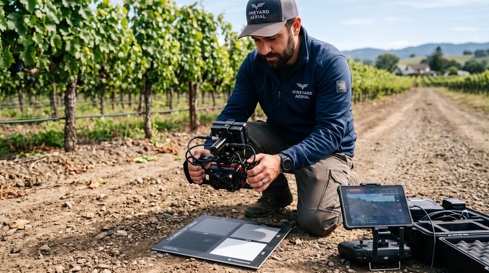 Operatore calibra la camera del drone sul pannello di riflettanza al margine del vigneto