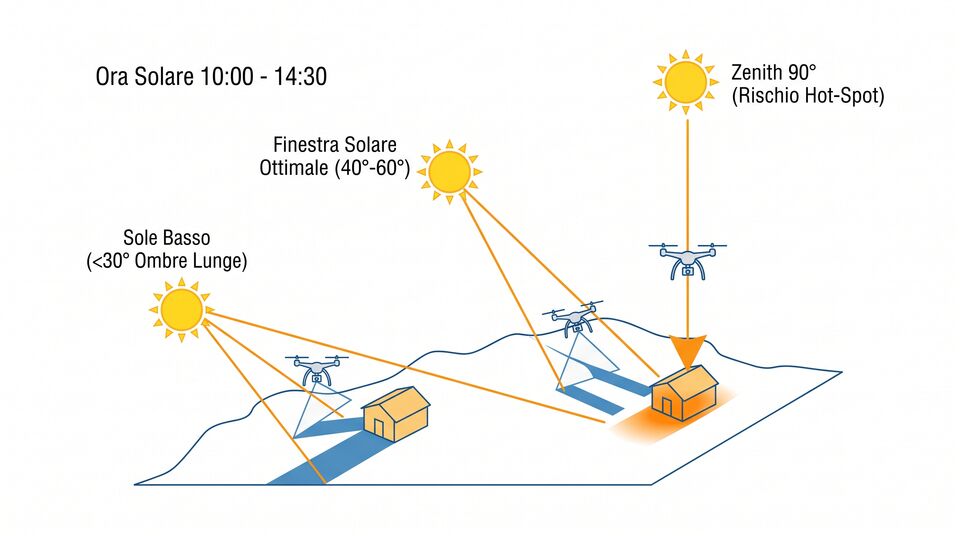 Schema della finestra solare ottimale per rilievi radiometrici: ombre lunghe, sole a 40-60 gradi, hot-spot