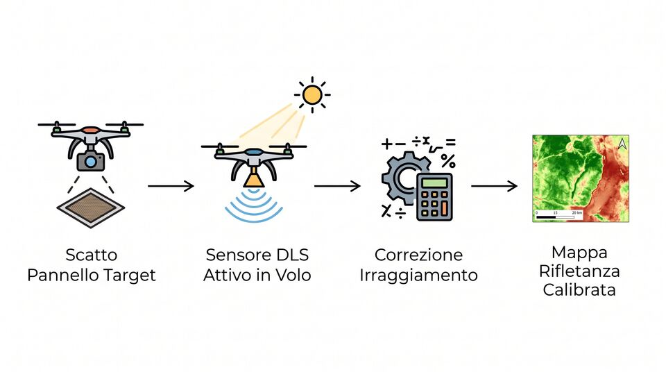 Correzione radiometrica: scatto pannello, sensore DLS attivo in volo e mappa di riflettanza calibrata
