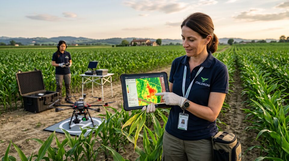 Agronoma indica le zone in stress su mappa NDVI su tablet con drone multispettrale al campo di mais