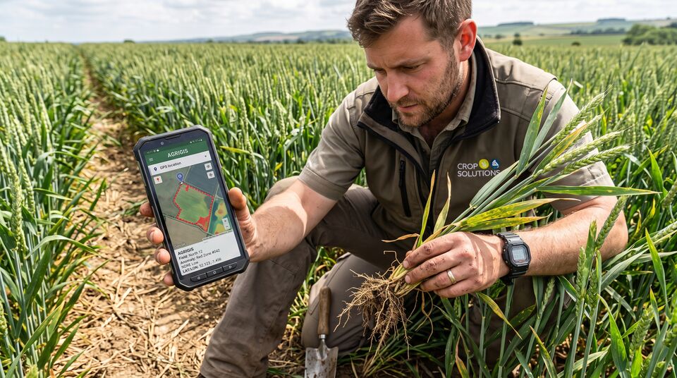 Agronomo verifica le piante di frumento con app di scouting GPS e mappa di zona sul smartphone