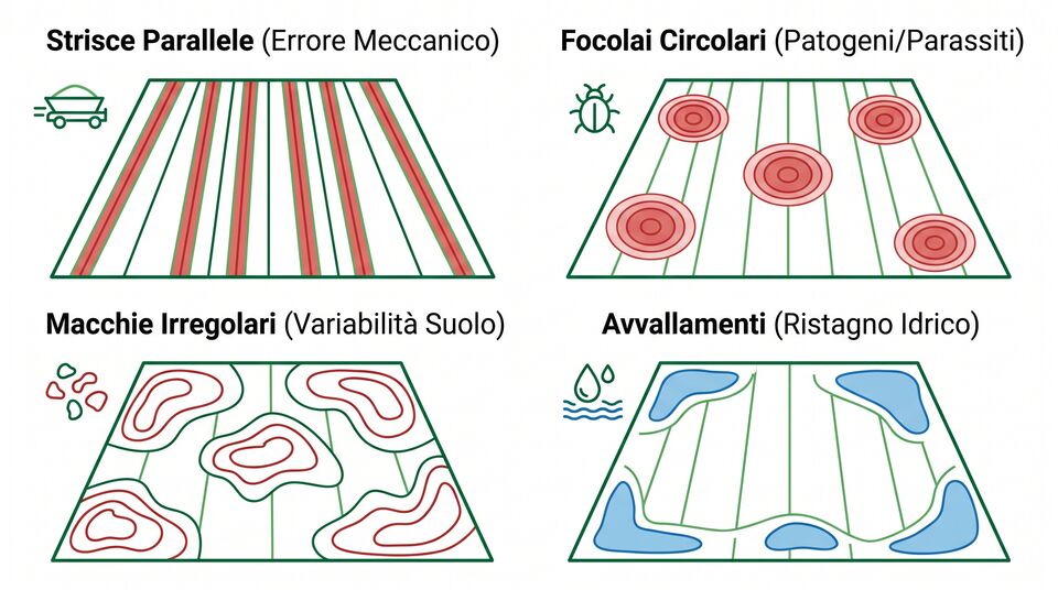 Schema dei pattern di anomalia in campo: strisce parallele, focolai circolari, macchie irregolari, ristagni
