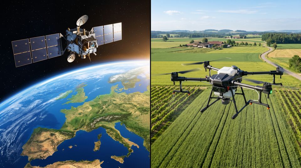 Satellite in orbita e drone agricolo sul campo per il monitoraggio integrato delle colture