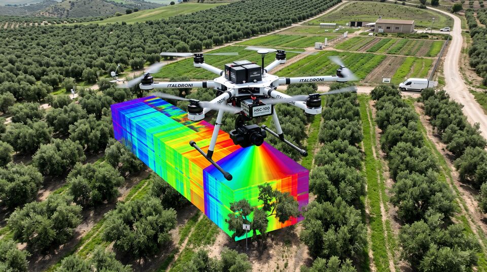 Drone iperspettrale con sensore su oliveto e ipercubo di dati spettrali in sovrimpressione