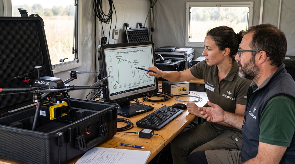 Tecnici analizzano la firma iperspettrale a 200 bande su monitor in campo con drone in primo piano