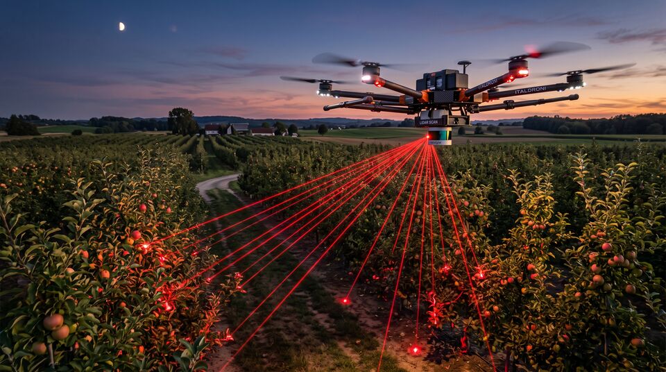 Drone LiDAR con laser a scansione chiome di frutteto al tramonto per il rilievo 3D della vegetazione