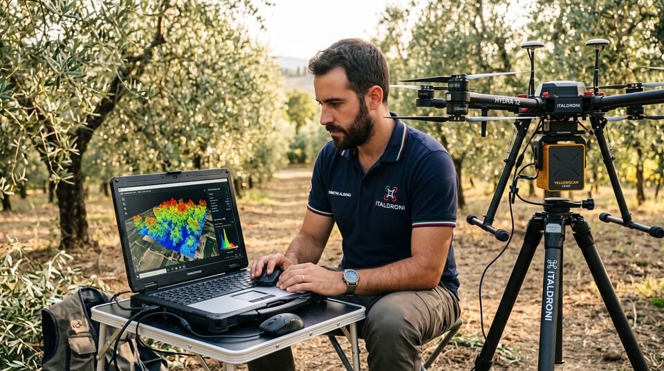 Tecnico analizza una mappa NDVI al laptop accanto a un drone LiDAR su treppiede in un oliveto