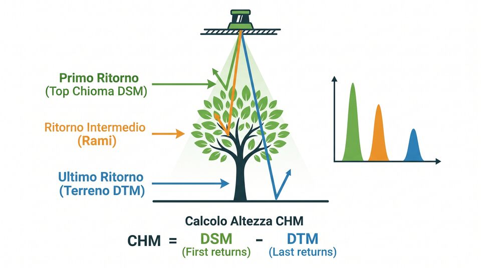 Schema dei ritorni LiDAR sulla chioma: primo ritorno DSM, rami, ultimo ritorno DTM e formula CHM
