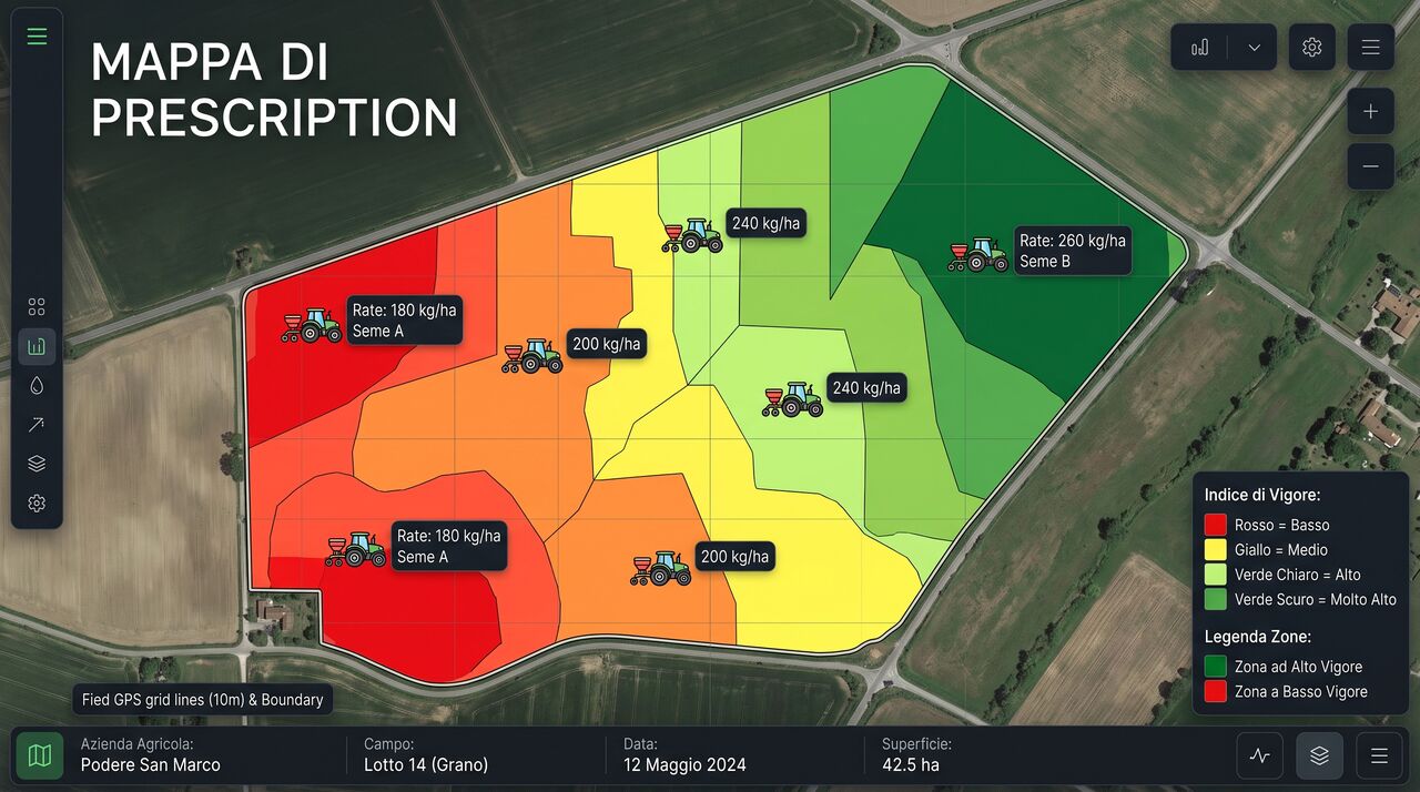 Mappa di prescrizione a rateo variabile generata dal rilievo con drone, con zone di vigore differenziate del lotto