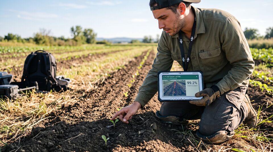 Agronomo verifica le piantine emergenti con tablet rugged e contatore digitale al campo dopo la semina