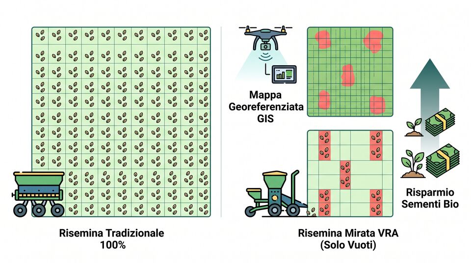 Confronto tra risemina tradizionale al 100% e risemina mirata VRA dei soli vuoti con mappa GIS