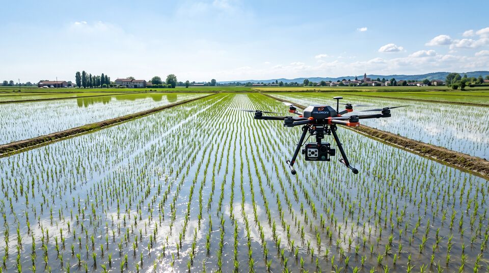 Drone multirotore con camera multispettrale in volo su una risaia biologica allagata in primavera