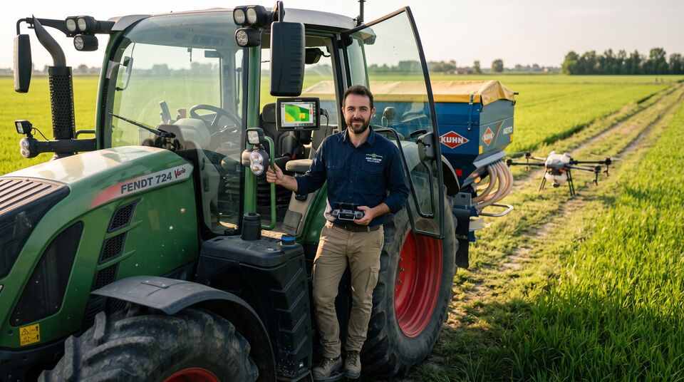 Agricoltore con tablet e mappa NDVI accanto a trattore Fendt e spandiconcime Kuhn in risaia
