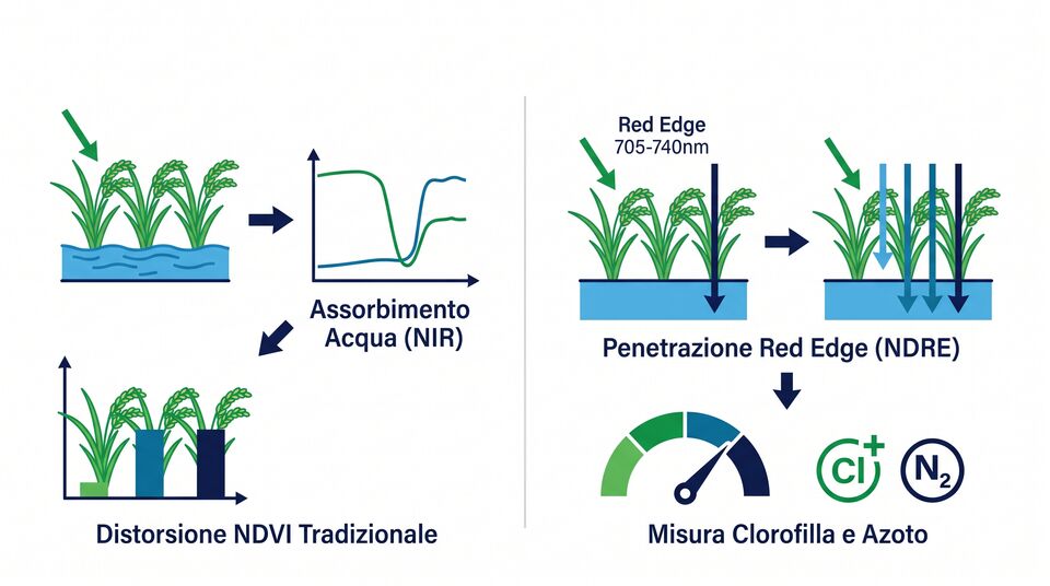 Schema NDVI vs NDRE sul riso: distorsione dell'acqua al NIR e red edge per misurare clorofilla e azoto