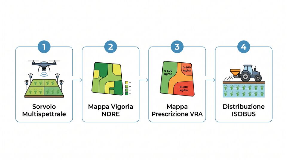 Workflow concimazione a rateo variabile: sorvolo multispettrale, mappa NDRE, prescrizione VRA, ISOBUS