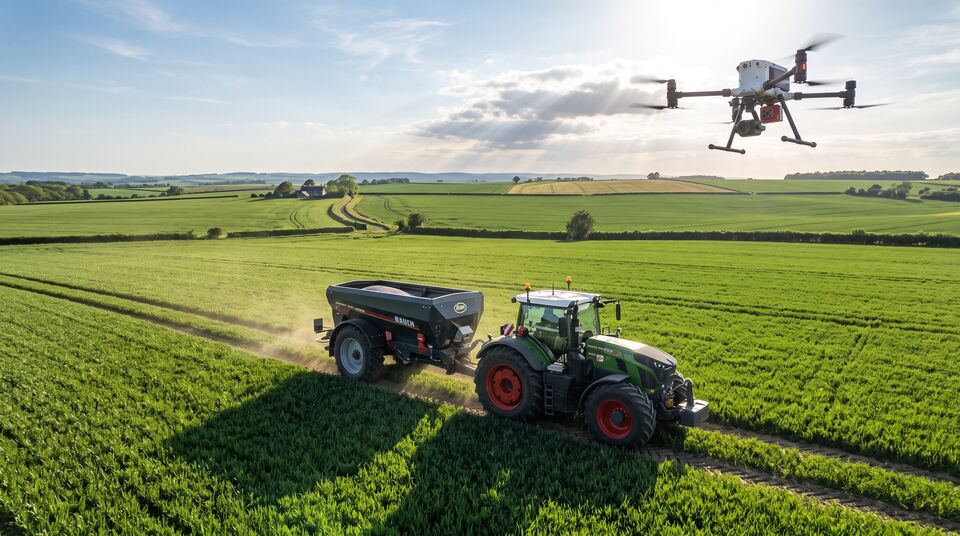 Trattore con spandiconcime al lavoro e drone in volo per la concimazione a rateo variabile
