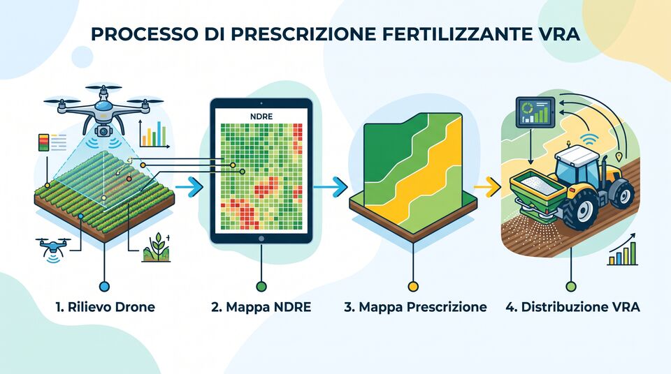 Processo di prescrizione fertilizzante VRA: rilievo drone, mappa NDRE, mappa prescrizione, distribuzione