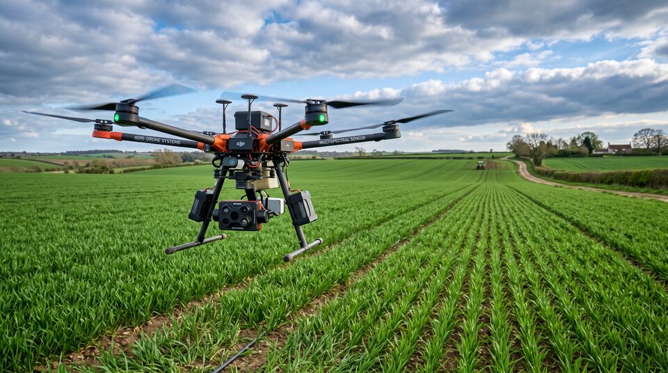 Esaottocottero multispettrale in volo su un campo di frumento autunnale per monitorare l'azoto