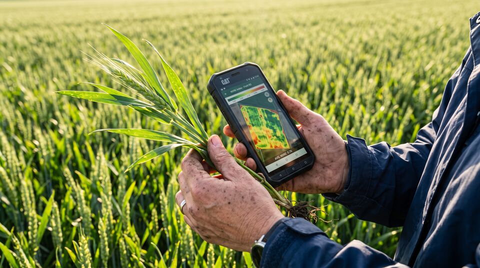 Mani confrontano una pianta di frumento con la mappa di vitalità su smartphone in campo verde