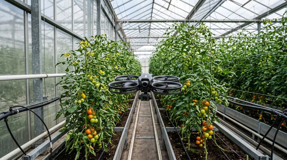Microdrone compatto in volo tra i filari di pomodori in serra per il monitoraggio delle colture