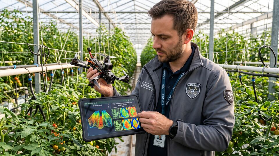 Tecnico con microdrone FPV e tablet mostra mappe NDVI e nuvole di punti della serra di pomodori