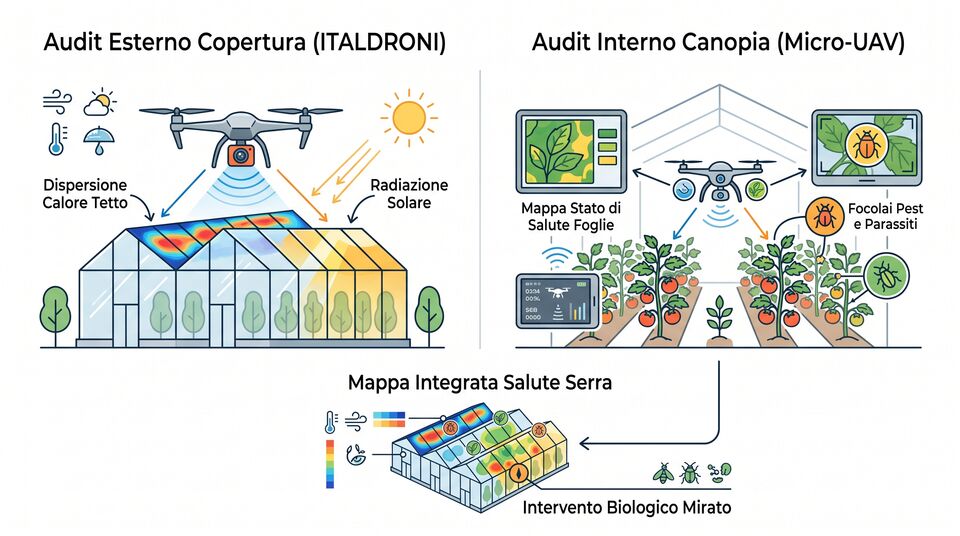 Audit termico del tetto con drone e audit interno della canopia con micro-UAV per la salute della serra